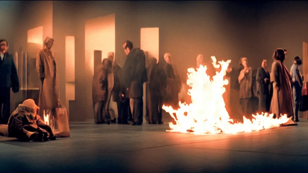 Image similar to the strange creature in line at the bank, made of fire, film still from the movie directed by Denis Villeneuve with art direction by Salvador Dalí, wide lens