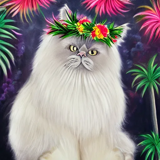 Prompt: anthropomorphic fluffy himalayan cat wearing hawaiian lei and flower crown, with palm tree background, detailed 4 k oil painting