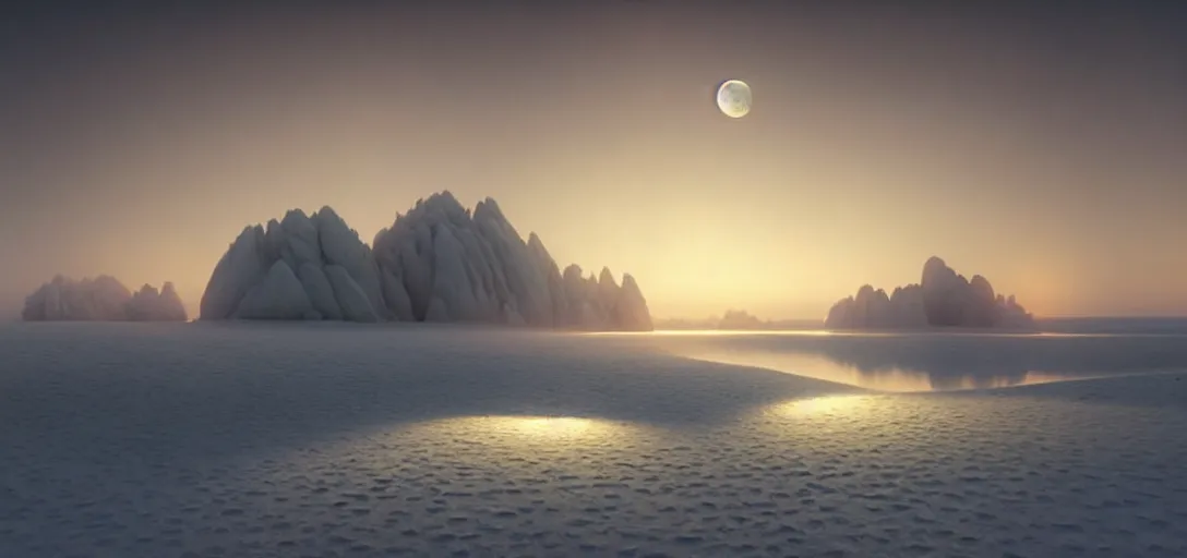 Image similar to octane render uhd, filmic lighting, cinematic art shot, hyperrealistic, hyperdetailed, super detailed, 8 k, high resolution, sandy white moon landscape, white rocks made of bone, 8 k uhd matte painting by ross tran and ivan aivazovsky, mega high white mountain, midnight