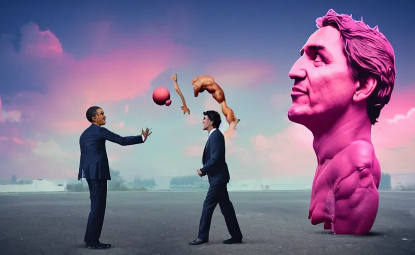 Image similar to Justin Trudeau getting smacked by a giant bodybuilder Obama, By Beeple