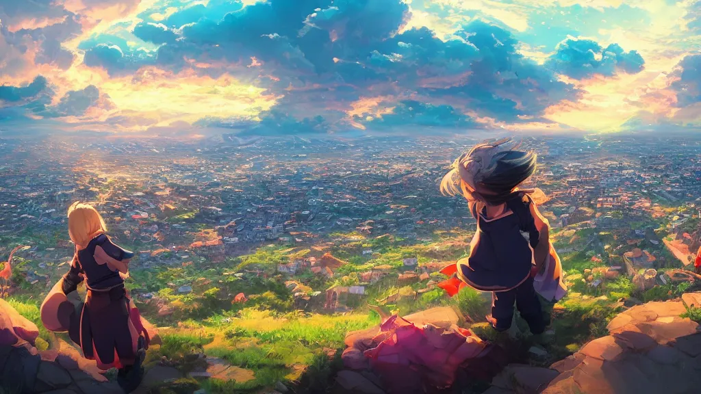 Prompt: danny devito was looking at the city in the distance on the hillside, beautiful and spectacular dusk, giant cumulonimbus cloud, rich vivid colors, ambient lighting, dynamic lighting, official media, anime key visual, rossdraws, detailed, trending on artstation.