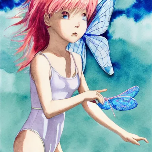 Image similar to award winning watercolor of a 3 0 year old auburn - headed fairy in short pigtails wearing a sparkly baby pink swimsuit with blue translucent dragonfly wings, against a cloudy blue sky backdrop, by hayao miyazaki