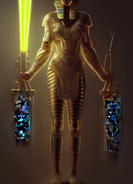 Image similar to Symmetry!! portrait of an ancient egyptian warrior, sci-fi armour, tech wear, glowing lights!! sci-fi, intricate, elegant, highly detailed, digital painting, artstation, concept art, smooth, sharp focus, illustration, art by artgerm and greg rutkowski and alphonse mucha