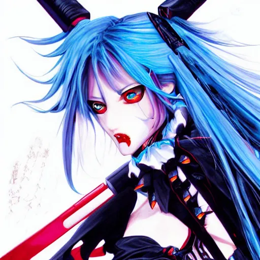 Prompt: portrait of vampire slayer Miku Hatsune Belmont, by Ayami Kojima. Award winning Castlevania vocaloid art.