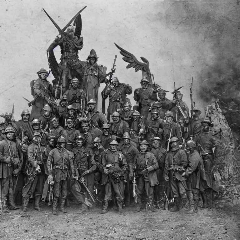 Prompt: US cavalry soldiers pose in front of an archangel as the the one with the flaming sword 1900.