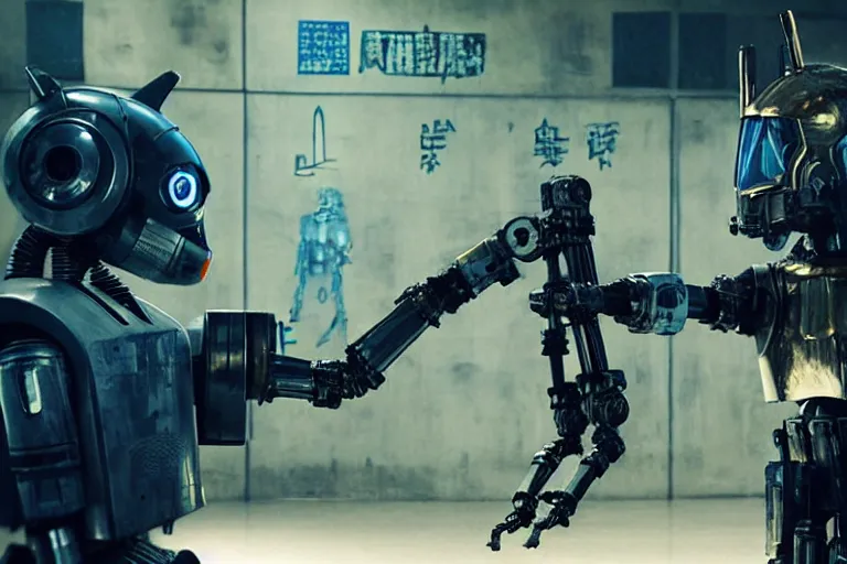 Image similar to film still from the movie chappie of the robot chappie shiny metal outdoor scene bokeh depth of field furry anthro anthropomorphic stylized wolf dog canine ears head android service droid robot machine fursona