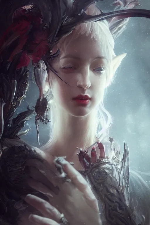 Image similar to a beautiful portrait of a beautiful elven succubus by greg rutkowski, sung choi, mitchell mohrhauser, maciej kuciara, johnson ting, maxim verehin, peter konig, bloodborne, 8 k photorealistic, cinematic lighting, hd, high details, dramatic, dark atmosphere, trending on artstation