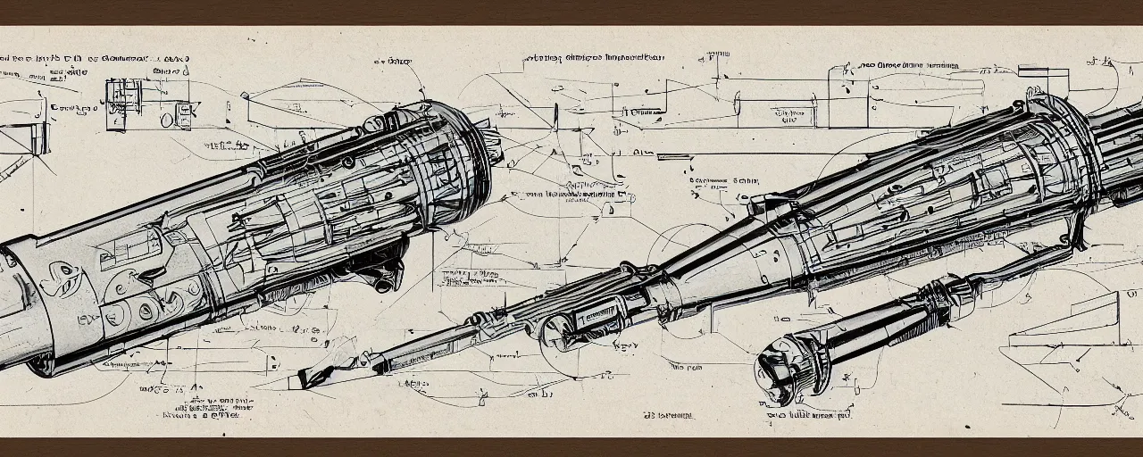 Prompt: diagram for a 1930's ray gun with fins, blueprint style, panoramic view