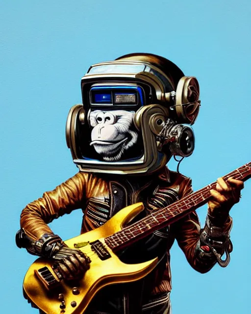 Image similar to a portrait of an anthropomorphic cyberpunk monkey in a leather helmet shredding an electric guitar by sandra chevrier, by jon foster, detailed render, tape deck, epic composition, cybernetics, 4 k realistic, cryengine, realistic shaded lighting, sharp focus, masterpiece, by enki bilal