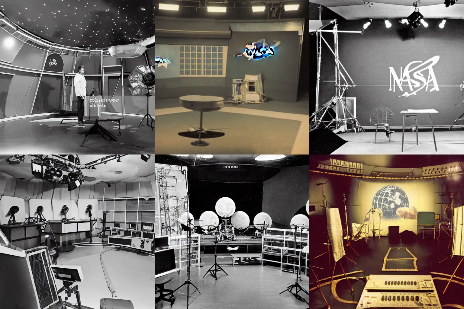 Prompt: behind the scenes 1960s nasa moon landing studio set