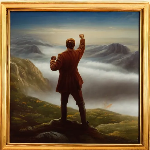 Image similar to painting of a wanderer wearing a suit above the sea of fog standing atop the mountain