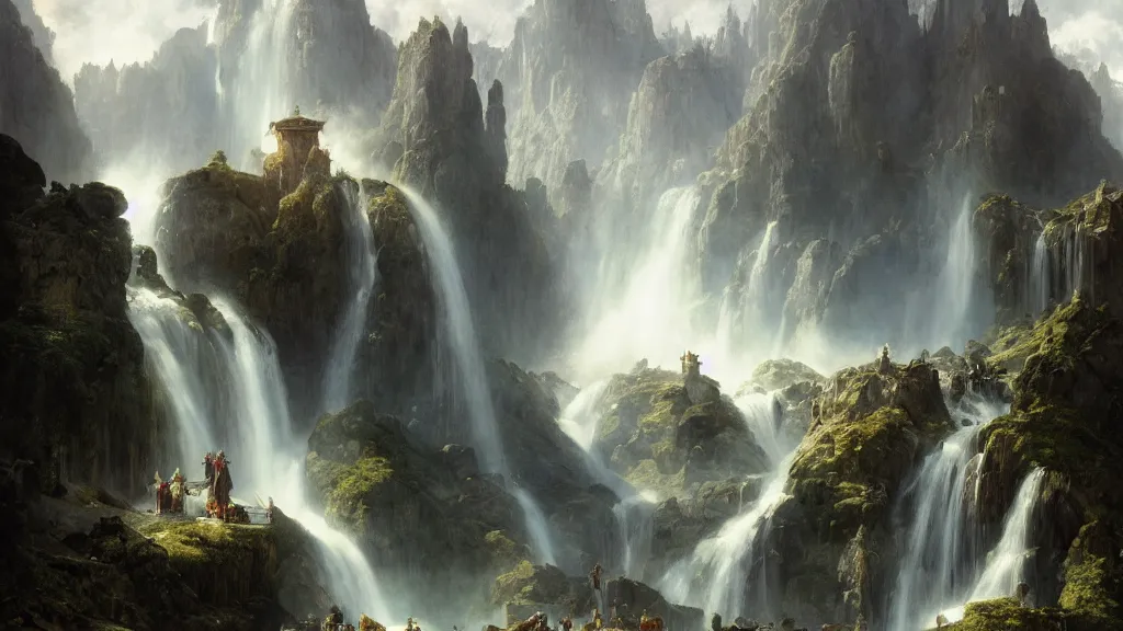 Image similar to elven architecture above the great alpine waterfall. andreas achenbach, artgerm, mikko lagerstedt, zack snyder, tokujin yoshioka