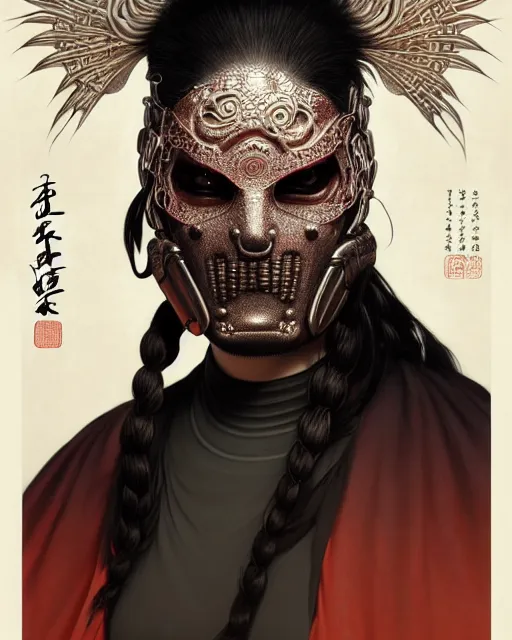 Image similar to portrait of slipknot band, bian lian, traditional chinese art, intricate, elegant, highly detailed, symmetry, digital painting, artstation, concept art, smooth, sharp focus, illustration, art by artgerm and greg rutkowski and alphonse mucha, 8 k