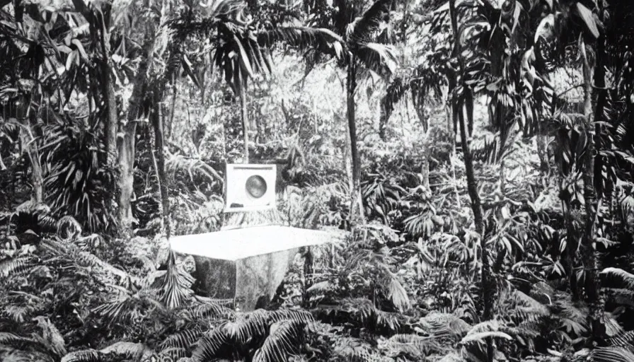 Prompt: lost film footage of a sacred object in the middle of the ( ( ( tropical jungle ) ) ) / film still / cinematic / enhanced / 1 9 2 0 s / black and white / grain