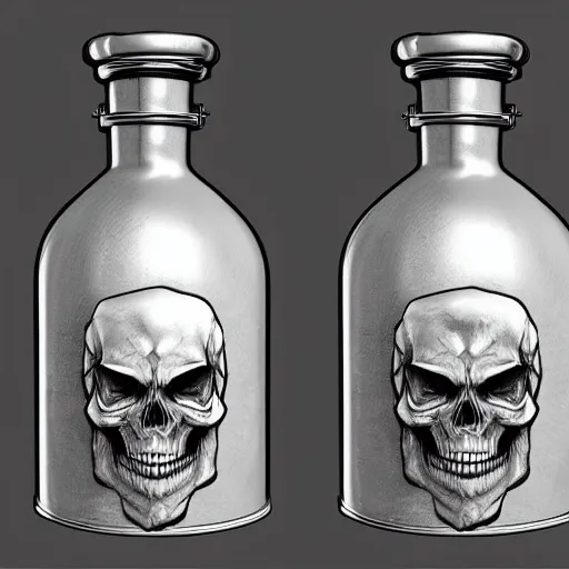 Prompt: ancient flask contains life and death essence, skull and wings cap top, blueprint drawing, concept art, raytracing