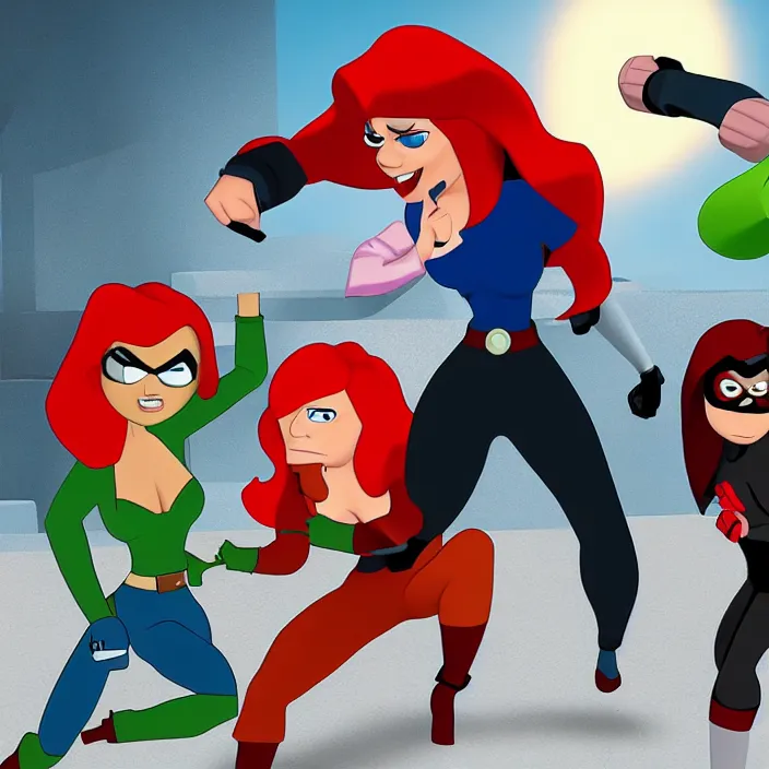 Prompt: kim possible fighting mrs incredible by pixar