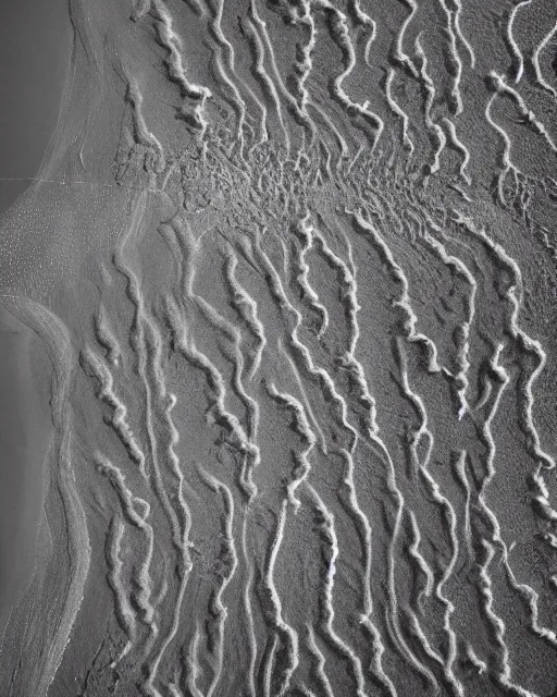 Image similar to a beach, made of intricate decorative lace leaf skeleton, shot from a drone, in the style of the dutch masters and gregory crewdson, dark and moody