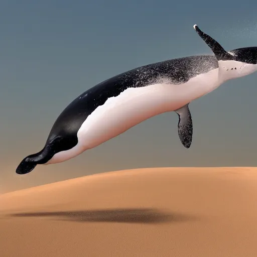 Image similar to a magic whale jumping out of the sand majestically, realistic, 4 k