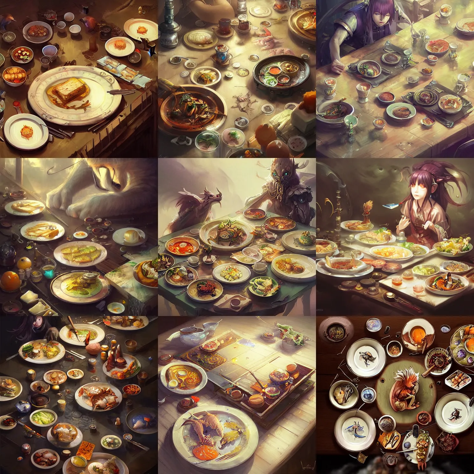 Prompt: table with ( plates ) filled with food, fantasy art, fantasy, anime, food focus, magic, highly detailed, by wenjun lin, by wlop,