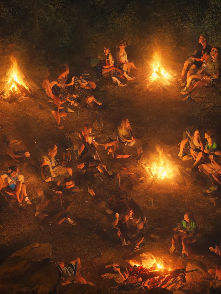 Prompt: tourists near the campfire in night forest, realistic, trending on artstation, very very detailed, vibrant, 4k hdr