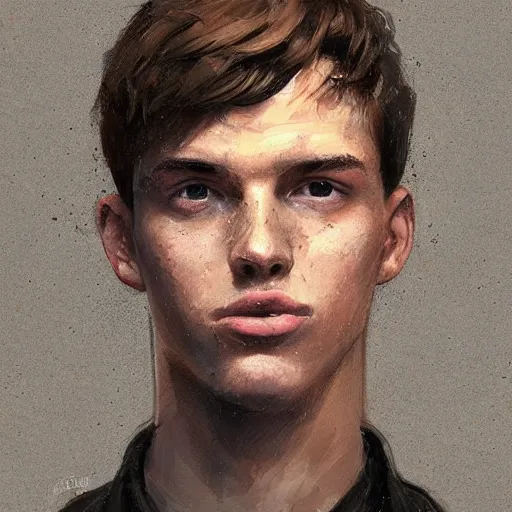 Prompt: Portrait of a man by Greg Rutkowski, he is about 20 years old, british features, straight jaw, attractive, short brown hair with bangs, athletic and strong, gallant, childhood friend vibes, he is wearing red and black utilitarian jumpsuit, highly detailed portrait, digital painting, artstation, concept art, smooth, sharp foccus ilustration, Artstation HQ.