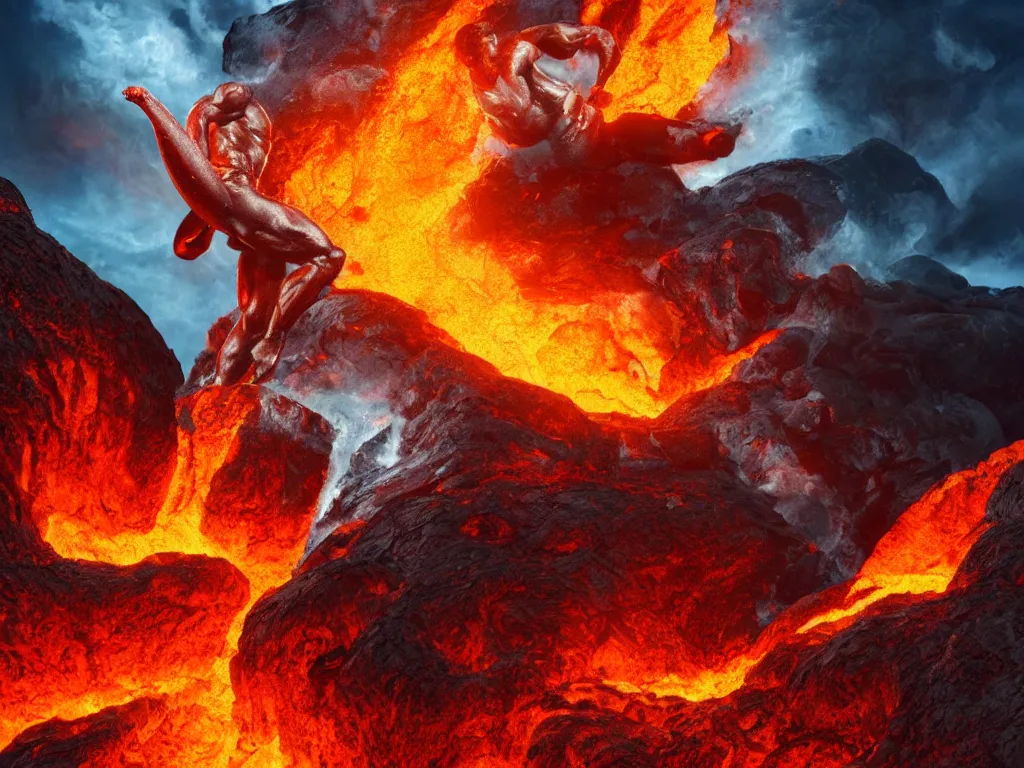 Image similar to muscular arnold schwarzenegger surfing on lava from an erupting volcano, stunning scene, 8 k, extremely detailed digital painting, depth, bright colors, trending on artstation