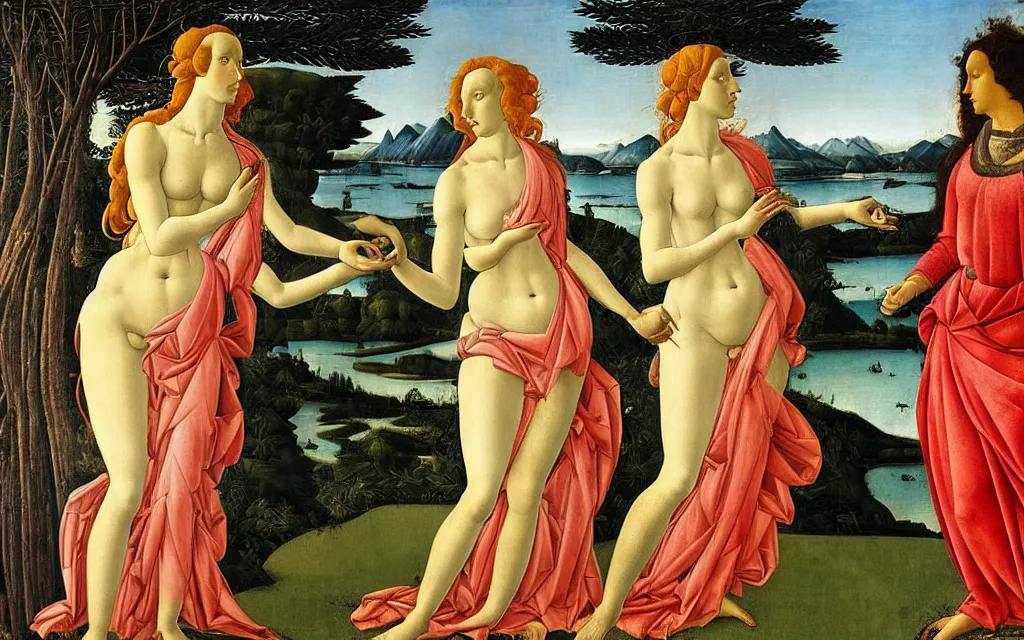 Image similar to sandro botticelli. very soft, delicate light. venus standing at a bus stop arguing with herself.