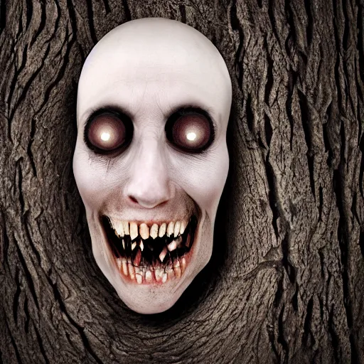 Image similar to an angry pale corpse trapped within a tree trunk, horror, photography, hyper realistic, daytime, gloomy forest, nightmarish