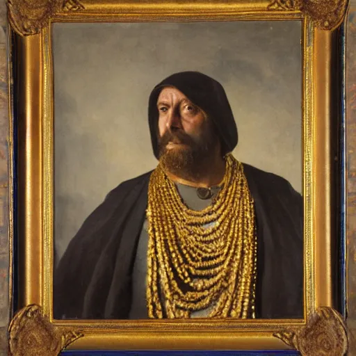 Prompt: a man wearing long dark shadowy cloak, covered in golden chains, oil painting, high detail