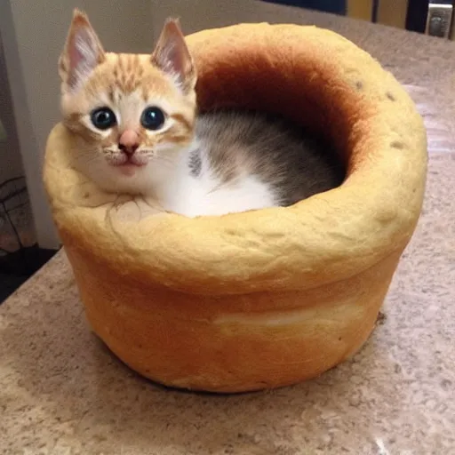 Image similar to kitten living inside a bread, hyper detailed