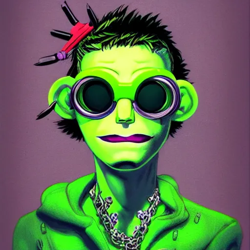 Image similar to a cybergoth guy wearing goggles and eccentric jewelry by jamie hewlett :: full body character concept art, full body, detailed
