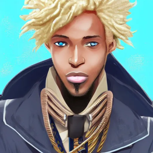 Image similar to african american man with blue eyes, blonde hair, blue horns, wearing steampunk attire, highly detailed, digital painting, artstation, matte, by makoto shinkai, animation style