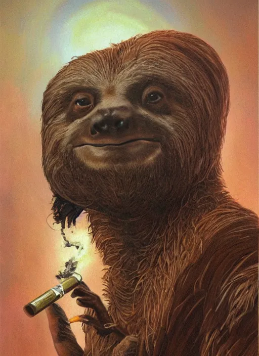 Prompt: ultra realistic portrait painting of a sloth smoking a joint, vaguely resembling snoop dogg, art by frank frazetta, 4 k, ultra realistic, highly detailed, epic lighting