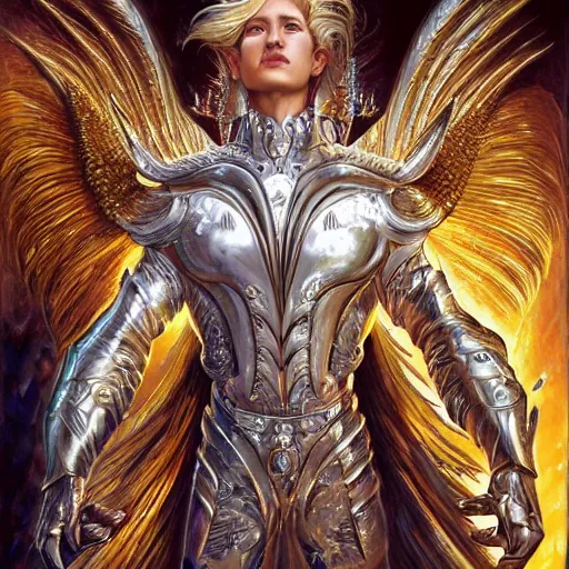 Prompt: a beautiful male angel wearing a white chrome armor with golden ornaments and diamonds jewelry by alex gray and android jones, karol bak, ayami kojima, amano, concept art, character design, fantasy, 3 d, 8 k resolution