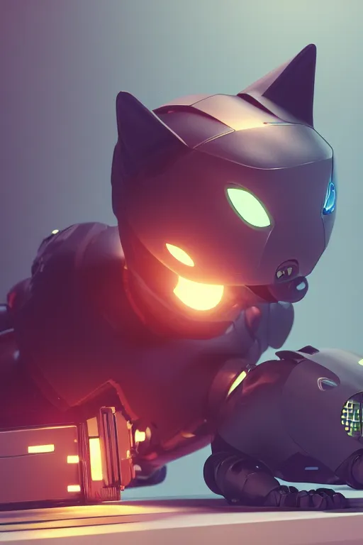 Image similar to portrait of a robotic cat eating a computer mouse. cinematic, cyberpunk, digital art, blender, octane render, volumetric lighting, 8 k, detailed, trending on artstation