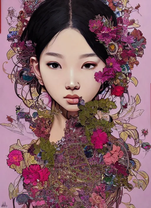 Image similar to !!! very coherent!!! oil painting, beautiful floralpunk bangkok cyborg portrait girl female illustration detailed patterns art of thai traditional dress, flower pop art, floral splash painting, art by ashley wood, alphonse mucha, makoto shinkai, geof darrow, dark shadow