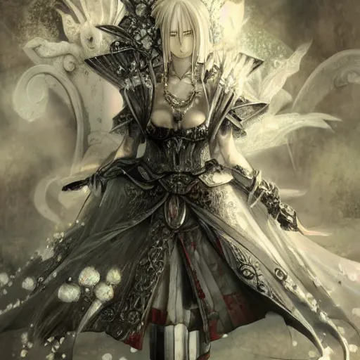 Image similar to yoshitaka amano style blurred and dreamy illustration, renaissance oil portrait, realistic anime girl with white hair and black eyes wearing elden ring style armor with engraving, highly detailed, ruined throne room in the background, strange camera angle, three - quarter view, noisy film grain effect