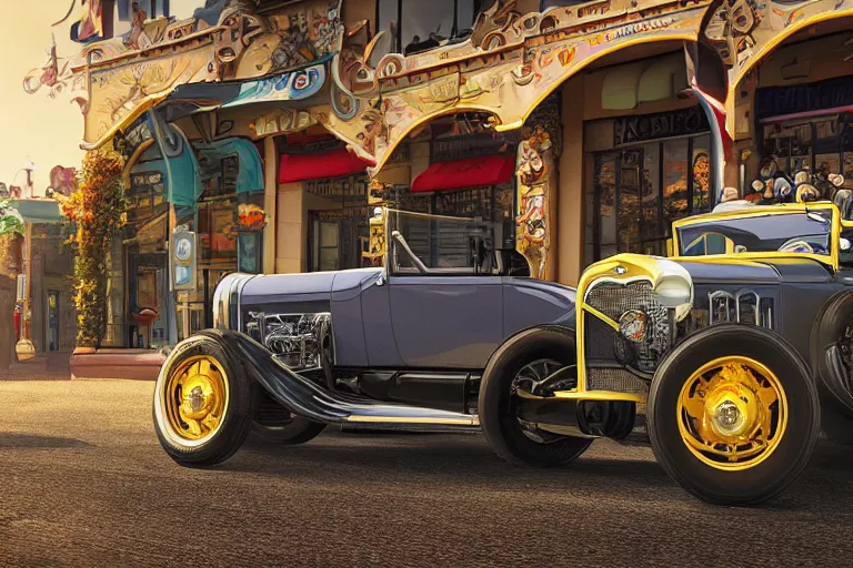 Prompt: a whimsical illustration of a 1 9 3 0 model a ford hot rod driving in a beautiful town square area of a small town, 8 k resolution, lowbrow style, storybook illustration, octane render, detailed painting, by katherine federer, anthony pafford, harry gamboa and tracy flickinger