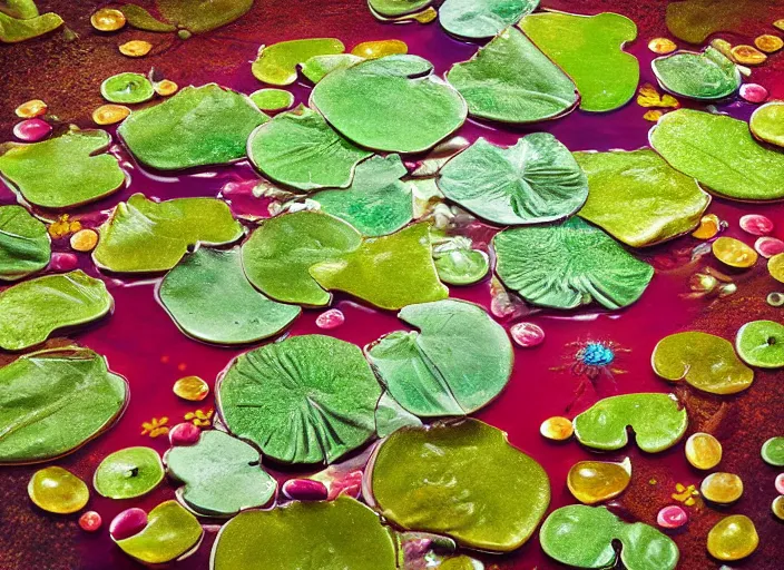 Prompt: a swamp of molasses with gummy lily pads and jellybean flowers, candy diorama, fantasy landscape photoillustration, realistic