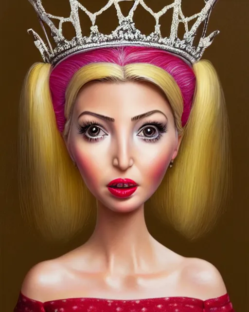 Image similar to closeup profile portrait of a tin toy ivanka trump as a fairytale princess wearing a crown and eating cakes, bikini, hyper realistic, artstation, illustration, nicoletta ceccoli, mark ryden, lostfish, max fleischer, digital paint, matte paint, vivid colors, bright, cheerful, detailed and intricate environment