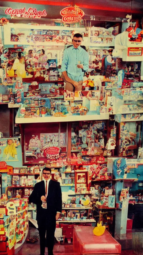 Prompt: 6 0 s photo of a business man in a candy shop on a remote island, kodachrome