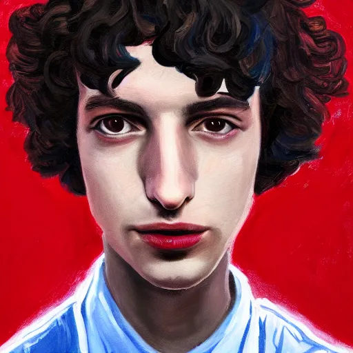 Image similar to a portrait of finn wolfhard as a drone, red, oil painting, pale colors, high detail, 8 k, wide angle, trending on artstation,