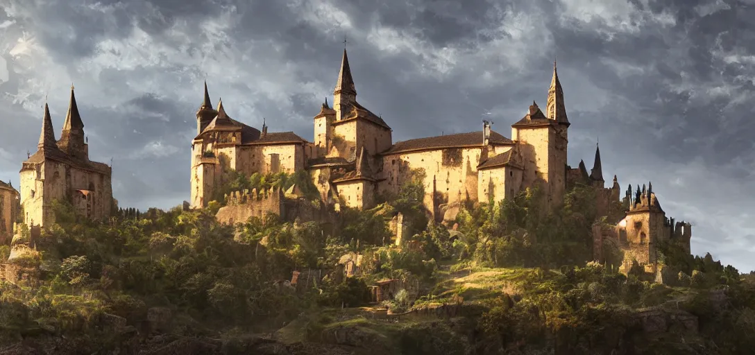 Prompt: castle with pointed spires, lourmarin, landscape, alex ross, eddie mendoza, raphael lacoste, sebastian ludke, concept art, matte painting, highly detailed, rule of thirds, dynamic lighting, cinematic, detailed, magnificiant landscape, denoised, centerd