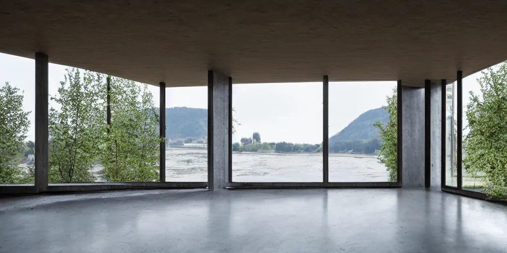 Image similar to a house by the river rhein close to mumpf designed by peter zumthor, beautiful ambient light, silver hour