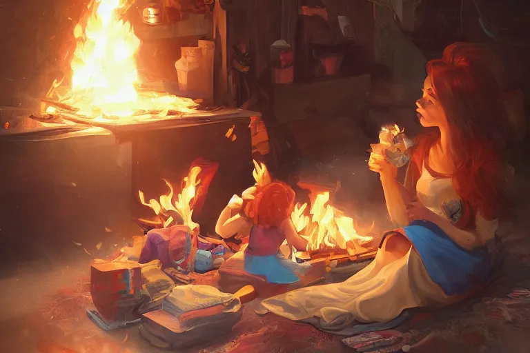 Image similar to a housewife hurries up to pack daughter's things, surrounded with fire, digital art, trending on artstation