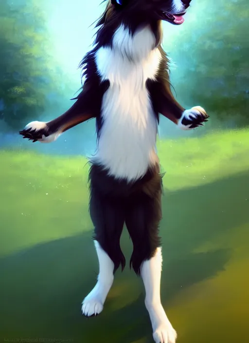 Prompt: wide angle beautiful full body portrait of a cute male anthropomorphic border collie fursona wearing a t - shirt and posing in front of a park, character design by charlie bowater, henry asencio, and ross tran, furry art, furaffinity, scenic background, beautiful, glamor pose, detailed, aesthetic, trending on artstation