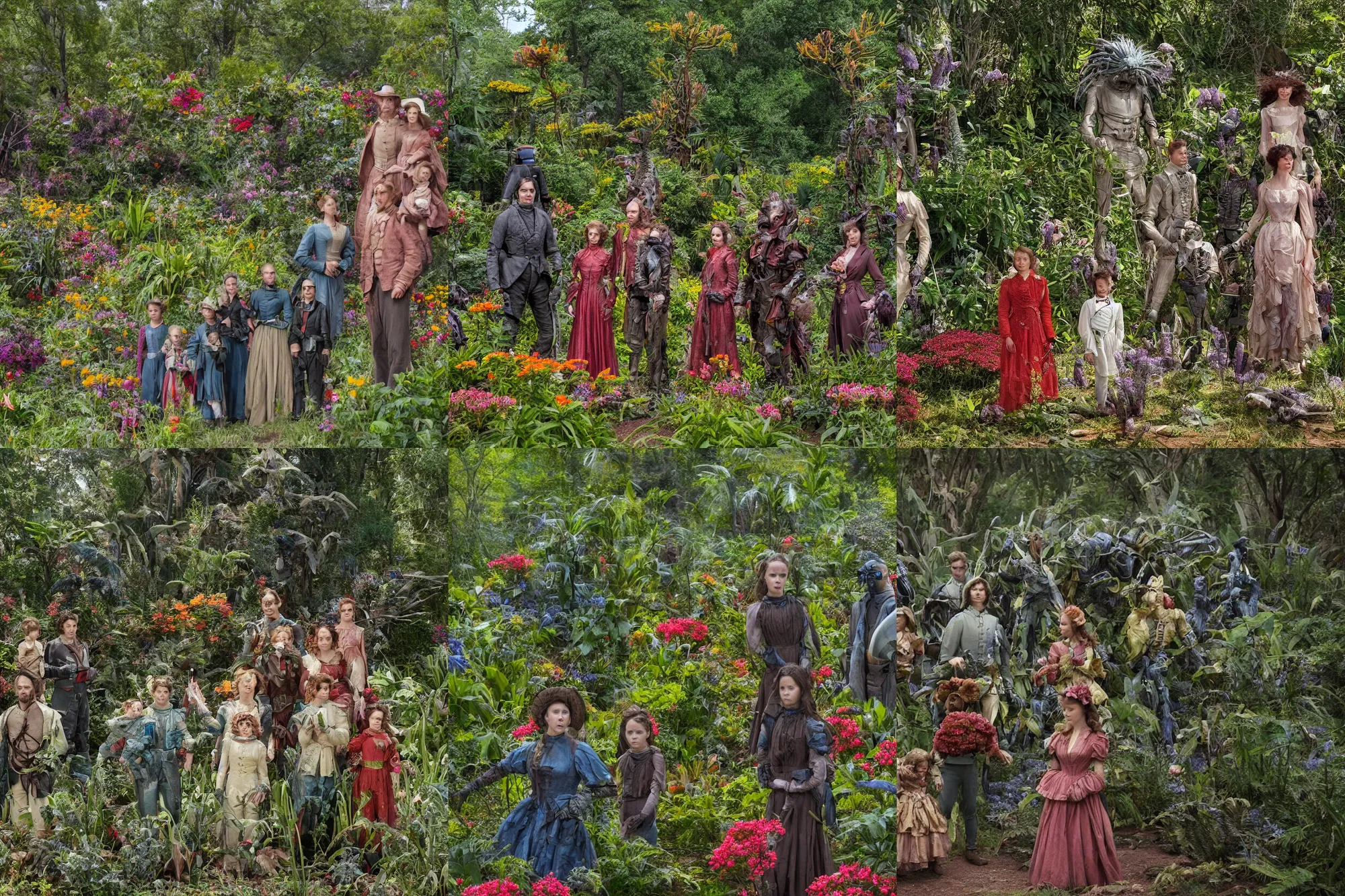 Prompt: sharp, extremely highly detailed, 35840k film, 175000mm film still from a sci fi blockbuster color movie made in 2019, set in 1860, of a family standing in a park, next to some strange alien plants and flowers, on an alien planet, the family are all wearing 1860s era clothes, good lighting, ultra high definition, ultra enhanced faces, in focus, 35mm macro lens