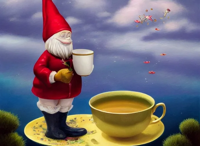 Prompt: a garden gnome sailing in a teacup, whimsical background of a reflective pond on a sunny day with dramatic clouds, an ultrafine detailed painting by mark ryden, trending on deviantart, pop surrealism, whimsical, lowbrow, joyous, perfect cute face