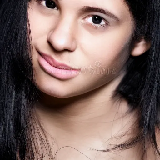 Image similar to young woman with long messy black hair, slightly smiling, 1 3 5 mm nikon portrait