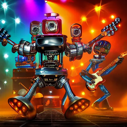 Prompt: album art, robos rock, rockband with 3 steampunk robots playing guitar and drums, r. o. b. o. s. r. o. c. k., 8 k, flourescent colors, halluzinogenic, multicolored, exaggerated detailed, front shot, 3 d render, octane